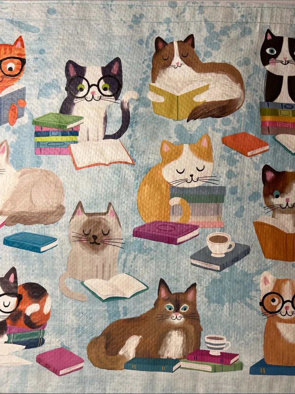 Cute Cat Reading Books Blue Reusable Tote Bag New